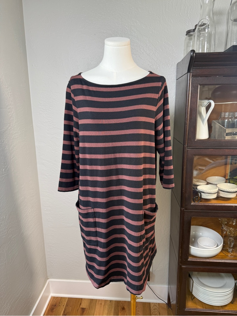 The Nines by HATCH Black Brown Stripe Pocket Tunic Maternity Dress Size M